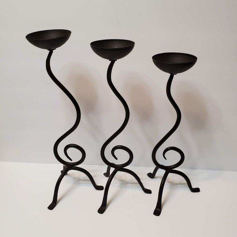 Wrought Iron Candle Holders, Set of 3, Spiral Scroll design, Black Matte metal